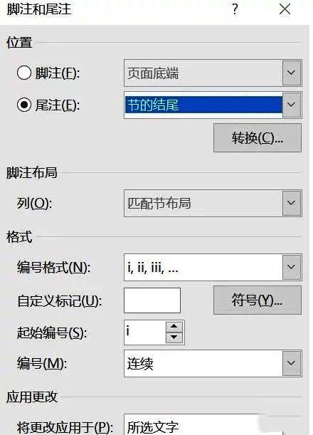 尾注设置框界面