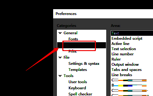 点击EditPlus首选项页面左侧的colors选项示意图