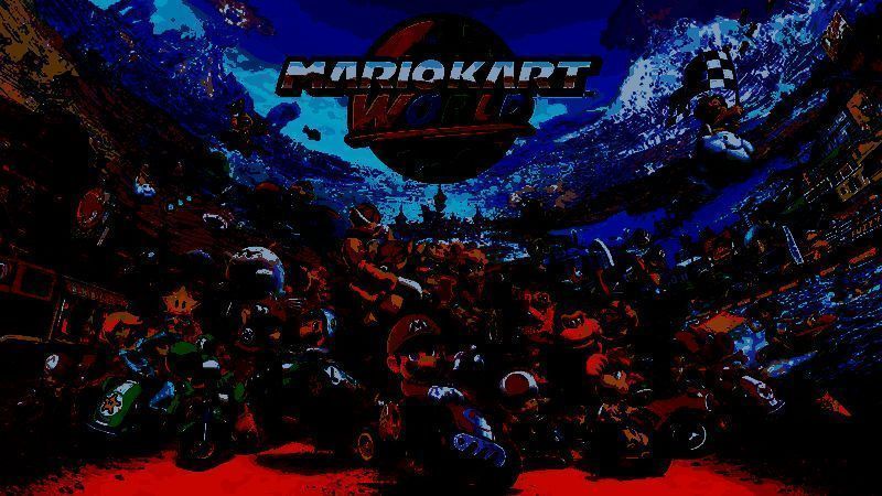 《马里奥赛车：世界》游戏画面展示多人竞速场面，角色驾驶卡丁车在赛道上飞驰