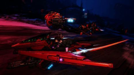 主角骑乘一辆未来感十足的数码机车，在荒漠中疾驰，车身配备有前炮塔和推进器