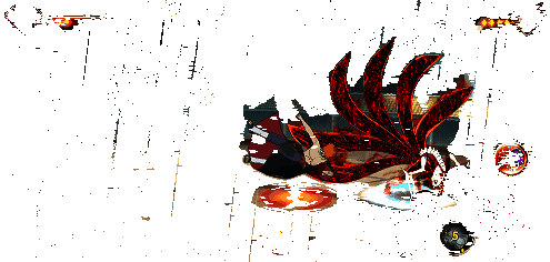 六尾鸣人将敌人击飞出场景，背景呈现特殊破坏效果