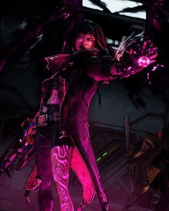 角色立绘展现身着战斗服手持能量法杖的女性战士，周身环绕紫色能量光环