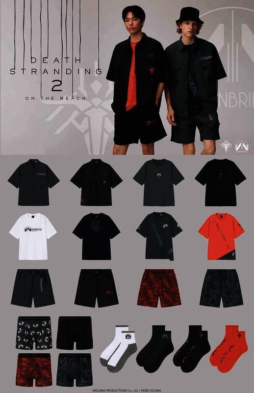 小岛秀夫发布的《死亡搁浅2》服饰展示图，包含多款T恤、短裤及长裤，部分印有游戏Logo或组织标志