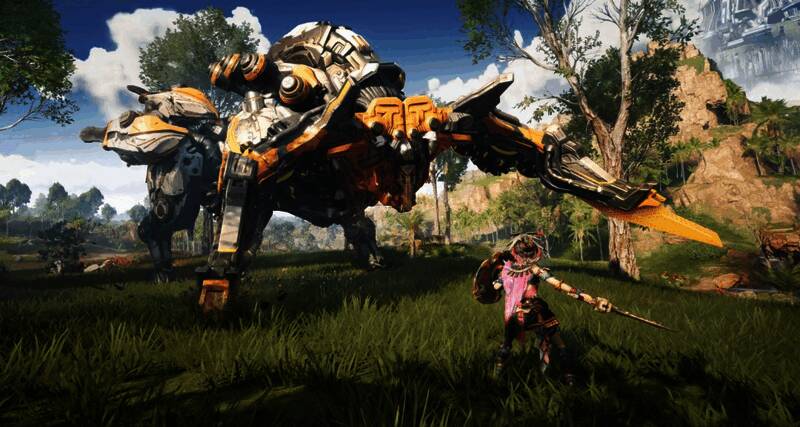 《荒野起源》游戏场景截图，展现后末日世界的废墟风貌与机械兽身影