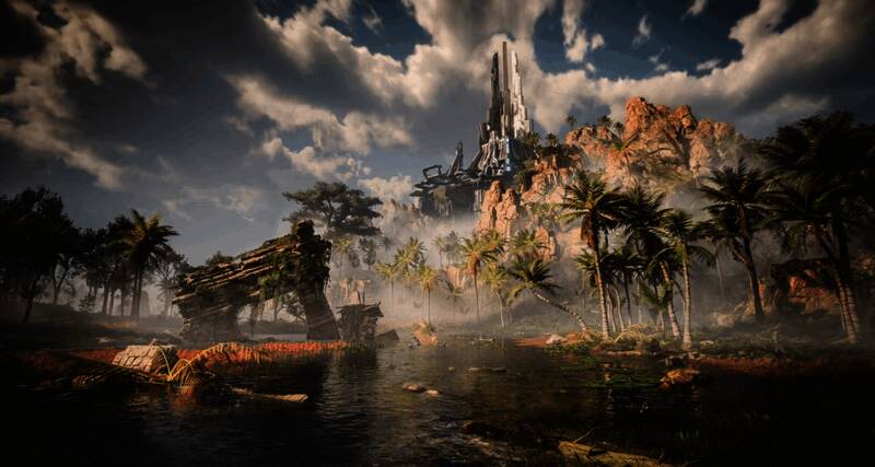 玩家在野外采集资源，身后有机械兽协助搬运物资