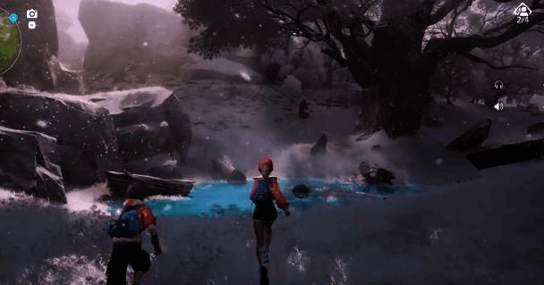 玩家操控角色与霜雷狼协同作战，共同克服地形难题的场景