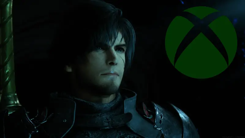 《最终幻想16》游戏宣传图，主角克林奇手持火焰之剑，背景为宏大战斗场景