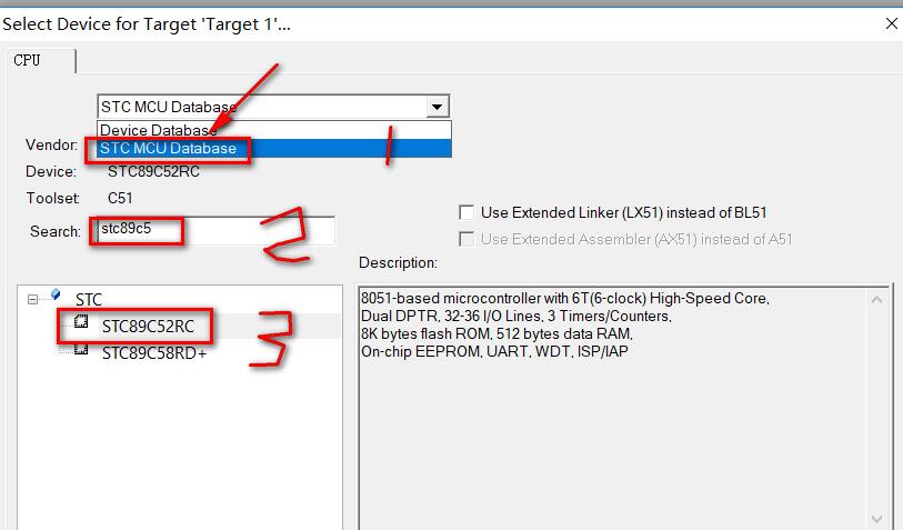 设备选择窗口列出多种单片机型号，STC 89C52RC被选中