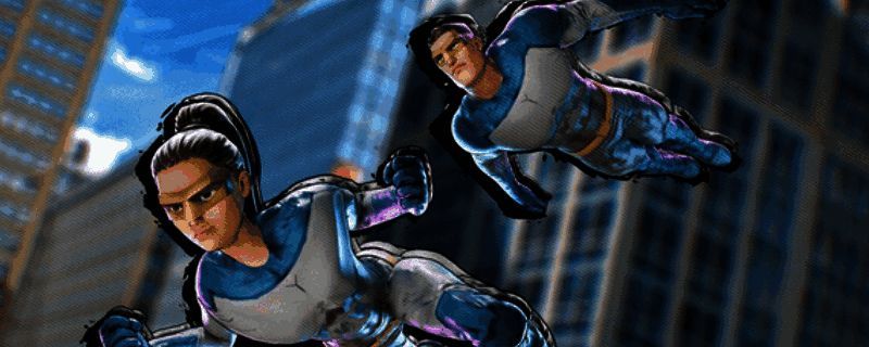 游戏主界面展示，背景为未来都市，角色身穿战衣悬浮于空中