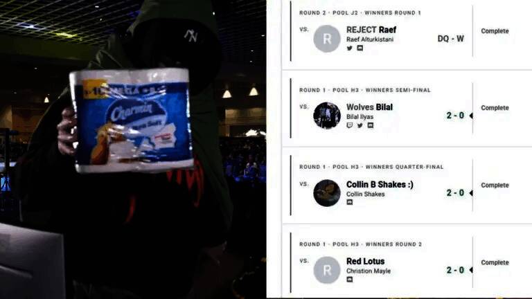 选手手持厕纸面向镜头展示，背景为电子竞技舞台灯光闪烁