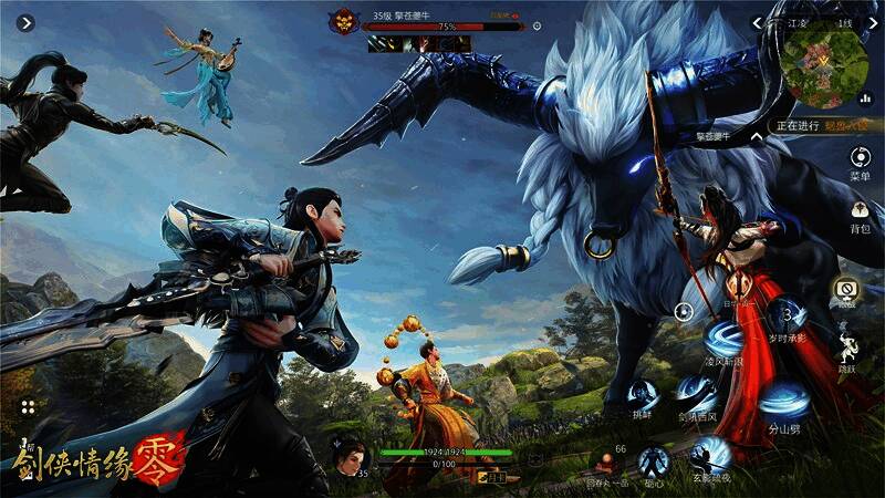 多人帮战场景，画面中呈现激烈团战与技能特效