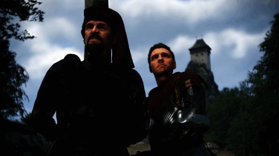 中世纪骑士对峙场面，刀光剑影间充满紧张气氛