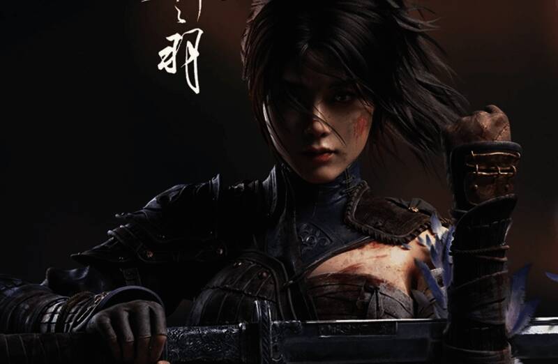 游戏实机战斗画面，角色手持长剑，背景中敌人逼近