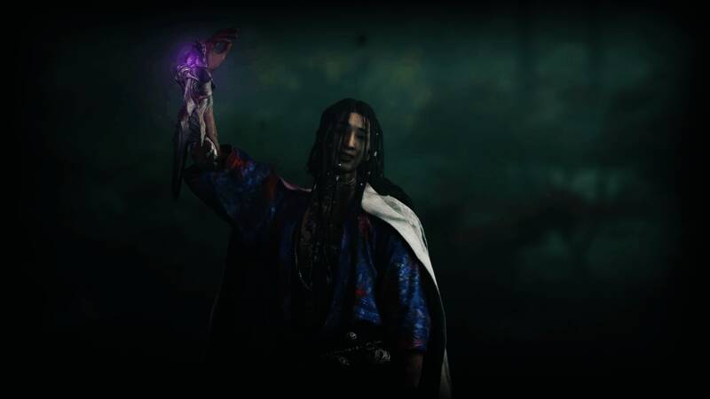 佐佐木岩流手持长刀，目光冷峻地站立于战场中央，背景是京都古街夜色