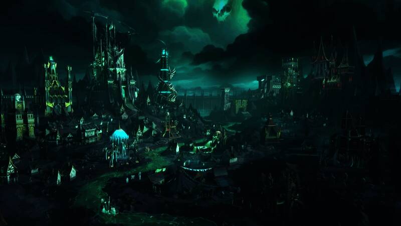 墓园城镇界面概念图，展示阴森城堡与亡灵军队驻守的城池全景