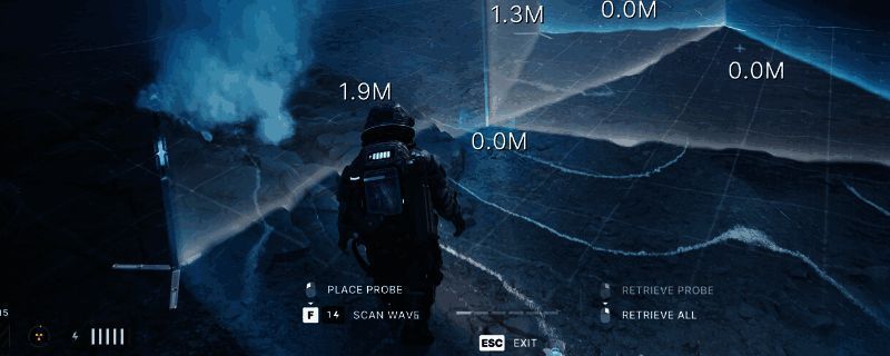 游戏角色在荒野中搭建临时营地，远处可见高科技设备残骸