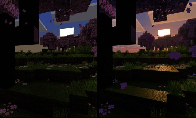 《我的世界》开启灵动视效前后对比图，画面光影与雾效明显增强