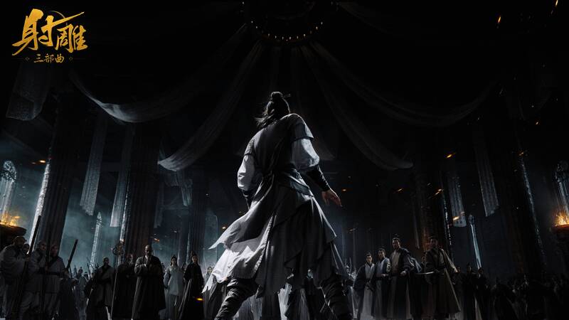 《射雕》时空穿梭玩法概念图，呈现古代建筑与神秘光效交织的场景