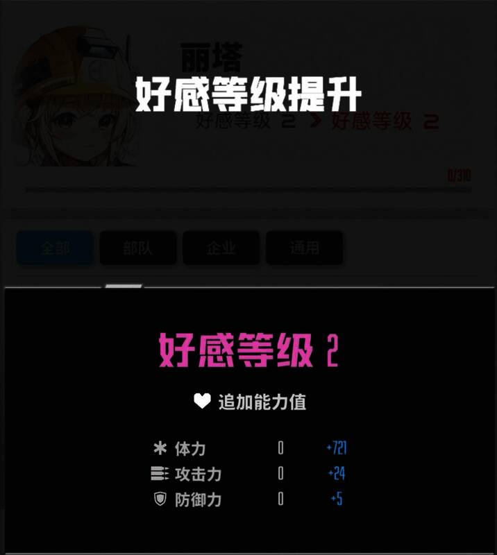 角色好感度界面展示，玩家与妮姬对话互动，界面显示当前好感度进度条