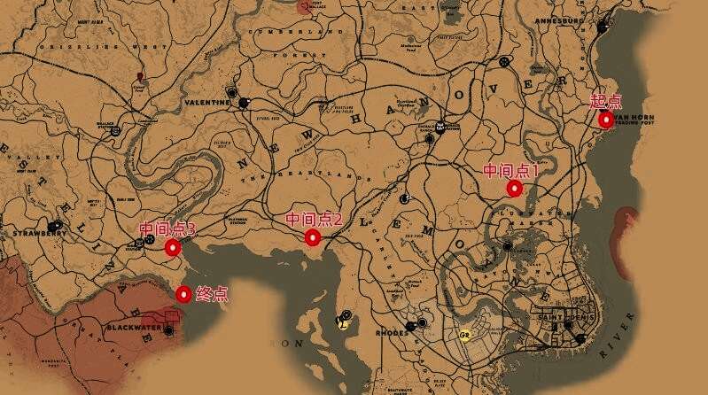 地图上显示四个标记点组成的路线规划图