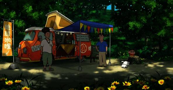 游戏中角色在古宅前领取物品的场景，阳光洒落营造出温暖氛围