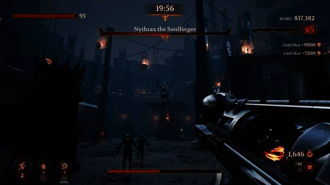 角色手持双枪在地狱大厅中穿梭，火光四射特效逼真