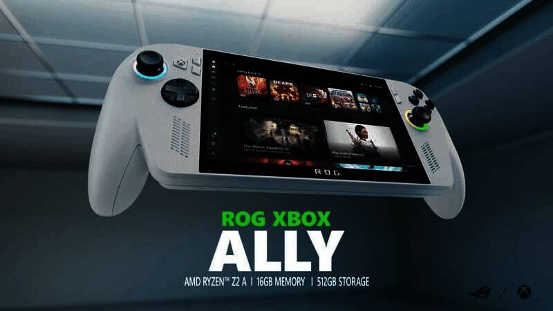 ROG Xbox Ally掌机外观设计展示，手持设备正面屏幕清晰可见，整体造型现代且便携