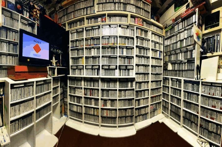 玩家展示其庞大的PS游戏收藏，柜子摆满各类游戏卡带和光盘