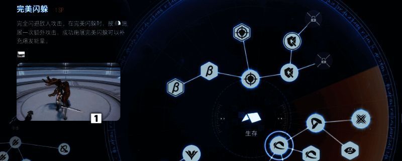 游戏角色发动完美闪躲瞬间特写，蓝色光效环绕周身，背景呈现慢动作效果