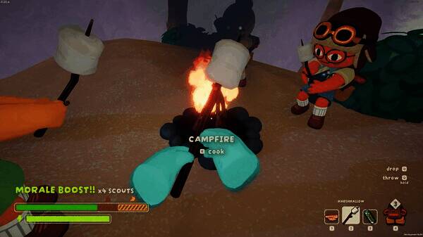 玩家角色在夜晚的雪地中点燃篝火，周围环境被温暖的光芒照亮