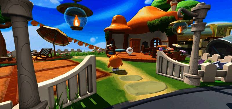 蛋仔岛联动区域全景图，背景是阳光下的海边度假村