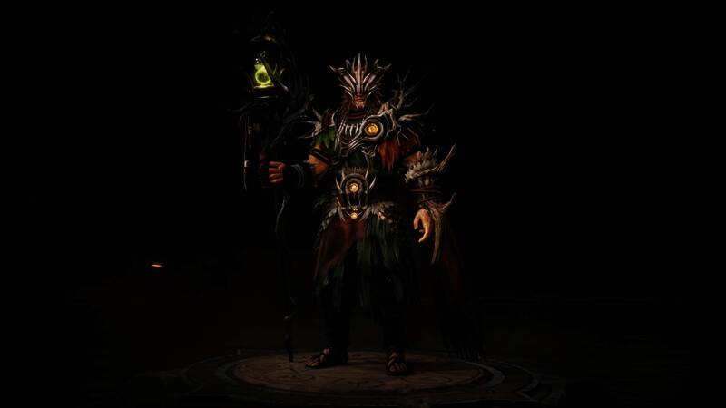 法师身着自然主题战袍，头戴羚羊形头冠，手中法杖绿意盎然