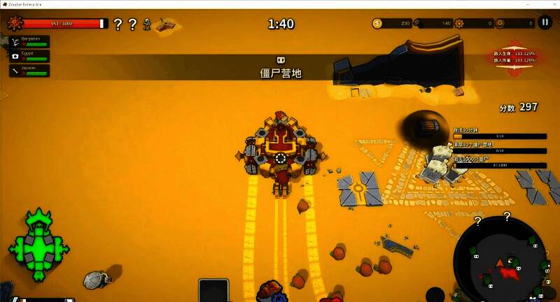 游戏战斗场景截图，显示多个炮塔齐射，僵尸被击飞特效