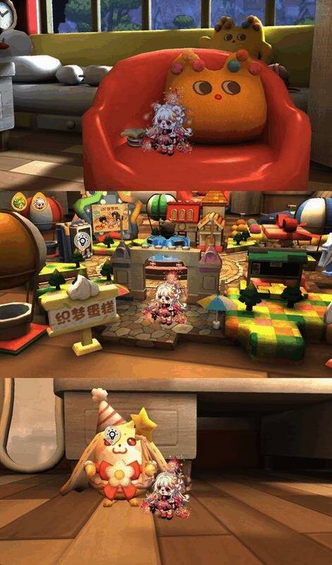 奥比岛「异次元卧室」场景展示，充满梦幻风格的房间布置