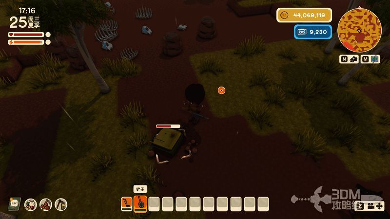 玩家用铲子挖掘地面，土层下隐约可见一个打开的箱子