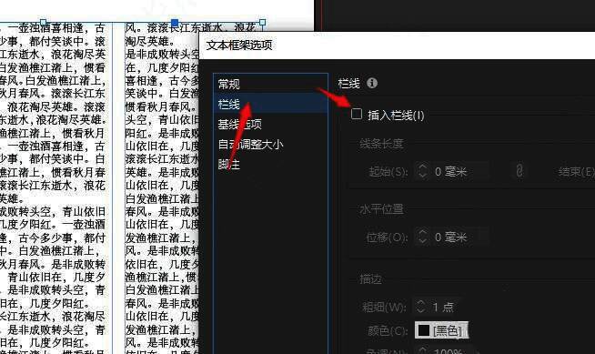 InDesign设置界面展示栏线选项已勾选
