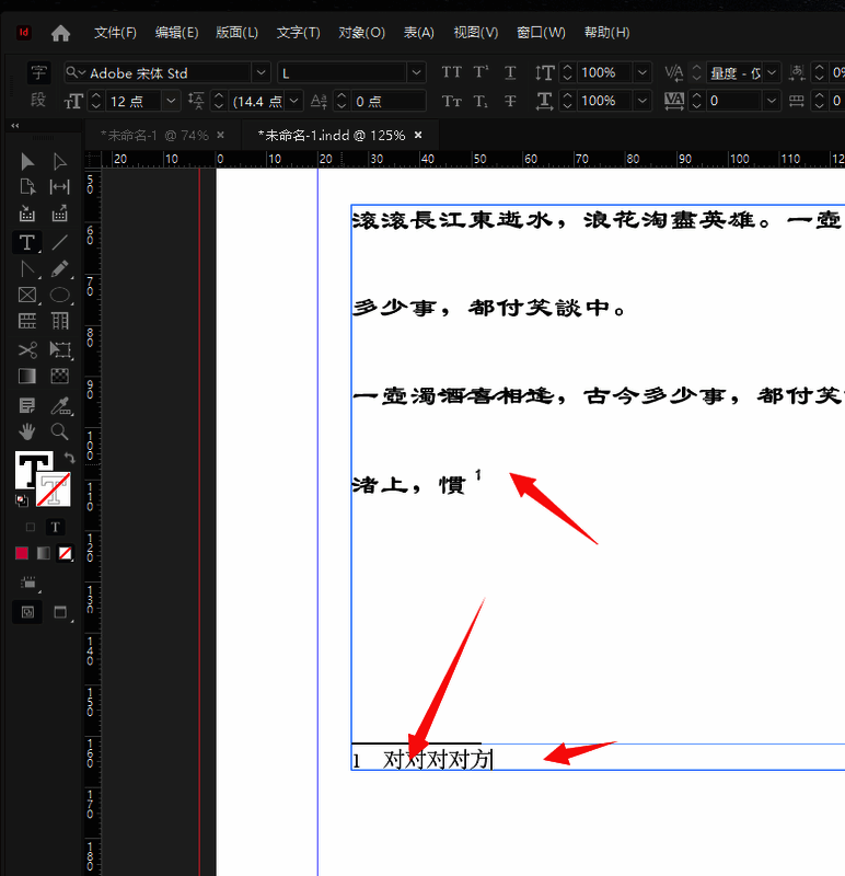 InDesign页面底部显示脚注输入框，用户正在编辑注释内容