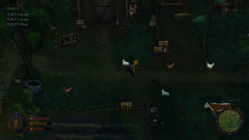 玩家在田野间耕作种植，远处有木屋和牲畜，画面呈现温馨田园生活场景