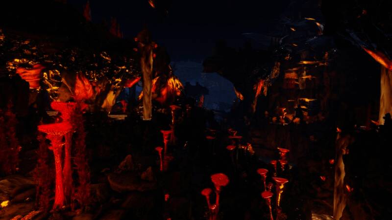 游戏中展示五种不同深海生态区域的立体交错结构图示