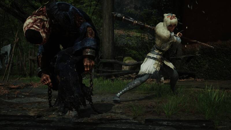 《明末：渊虚之羽》女主头戴毛绒头套手持战斧，神情坚毅，背景是神秘古风场景