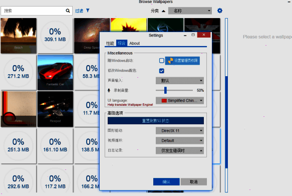 Wallpaper Engine中文界面展示，左侧为动态壁纸预览，右侧为控制面板