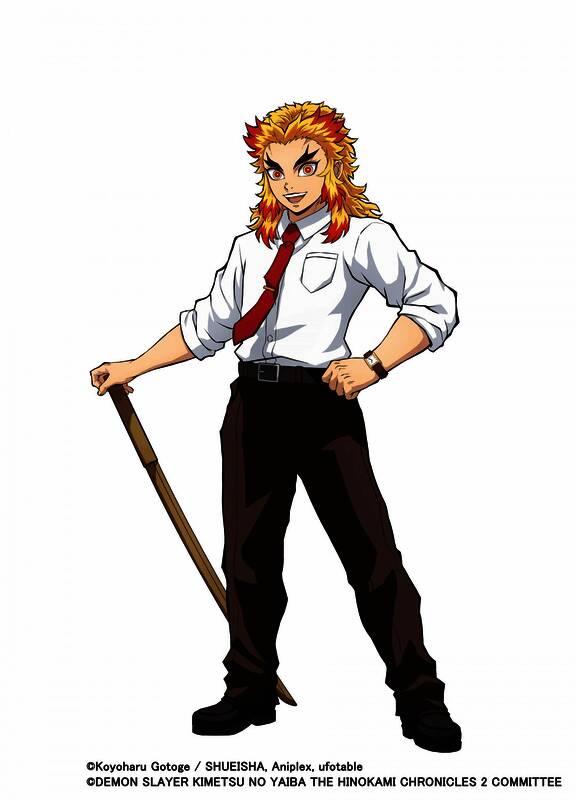 炼狱杏寿郎角色立绘，身穿教师制服手持长剑，背景为校园场景