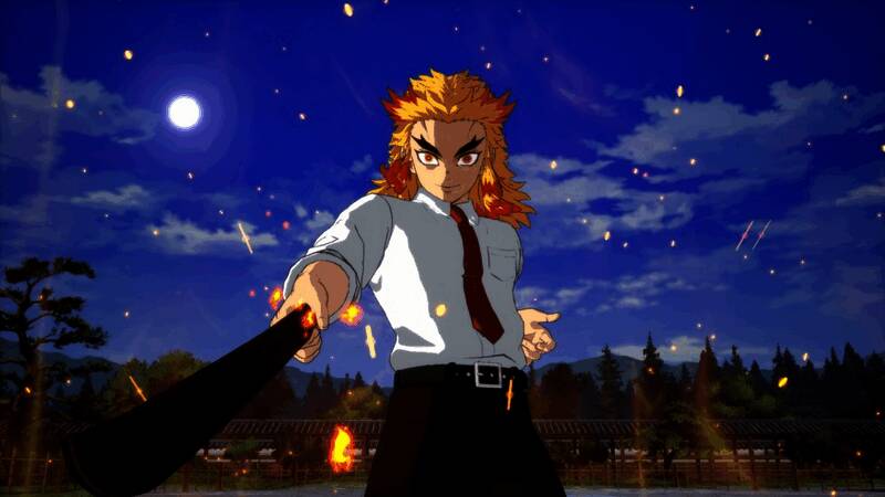 炼狱杏寿郎释放大招瞬间，火焰效果逼真，气势磅礴