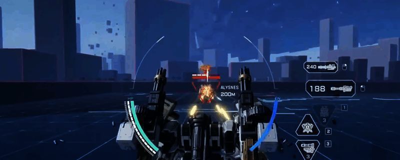 《解限机》中三角龙机甲在战场上使用转管机炮猛烈射击的瞬间，火光四溅，场面震撼