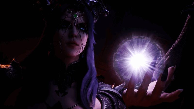 战斗场景展示，黑暗女士释放大招，周围敌人被击飞，特效华丽