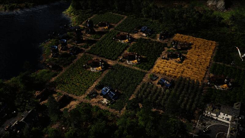 游戏中多个定居点建设画面展示，展现复杂的资源管理和区域拓展