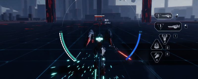 《解限机》中飞景机甲展示图，机身线条流畅，手持能量长剑，背景为未来都市战场