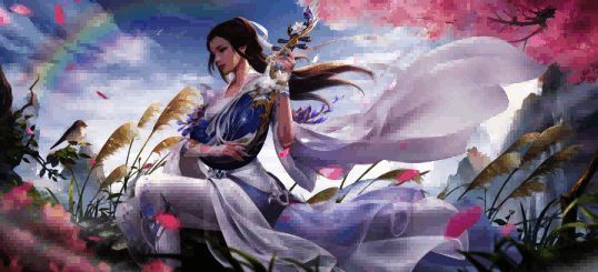 游戏中桃花门派技能释放画面，绚丽的技能特效