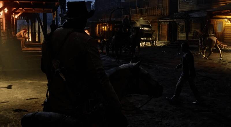 《荒野大镖客2》游戏画面展示，角色骑马穿越西部小镇