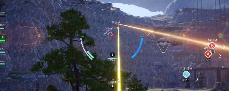 鸣神机甲战斗画面展示其使用蓄能射束炮进行精准射击的瞬间，背景可见能量光束穿透敌方单位